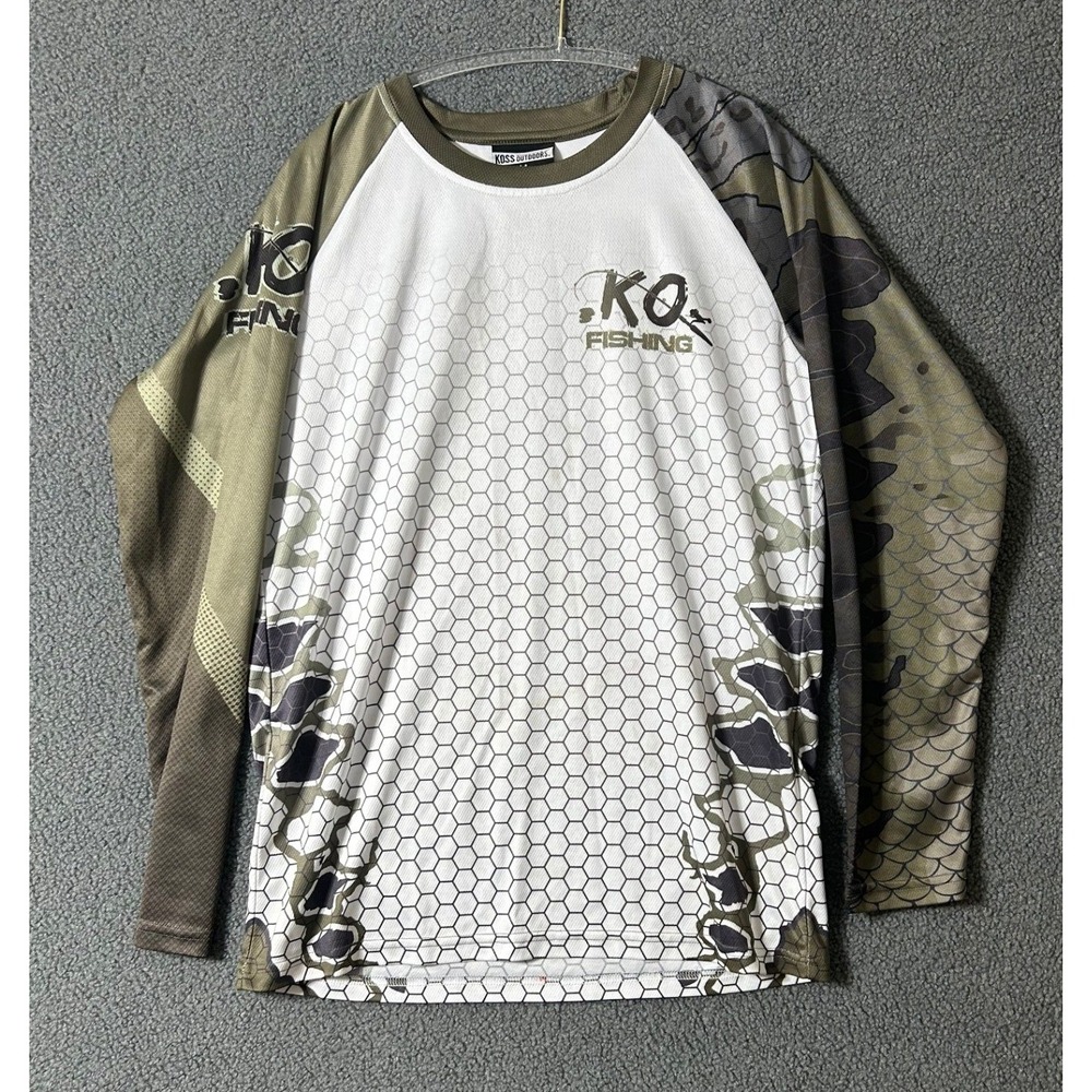 KO Fishing Performance Jersey Mens Medium White Camo Honeycomb Mesh Long Sleeve